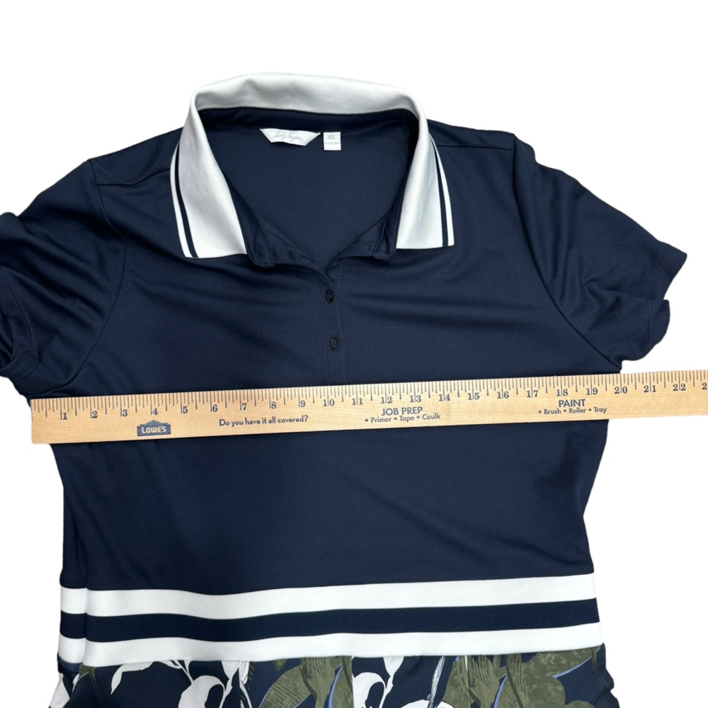Lady Hagen Navy Polo Midi Dress with White Trim and Green Floral Skirt - Picture 6 of 12